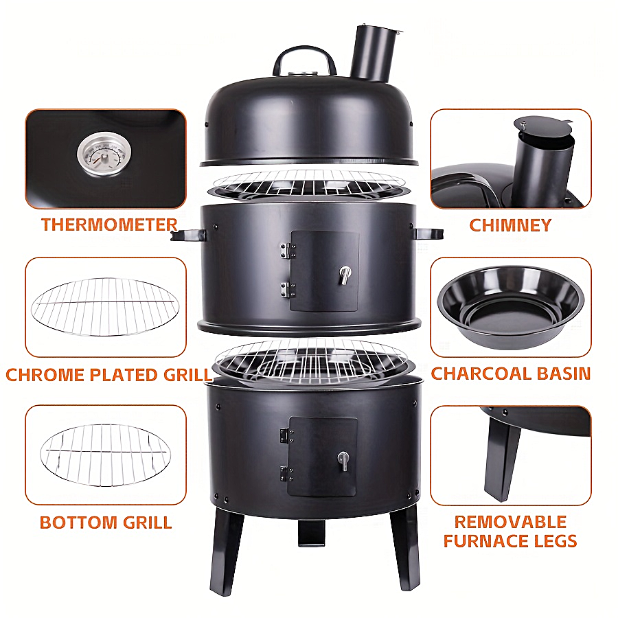 Barbecue Fumoir au Charbon en Fonte avec Couvercle