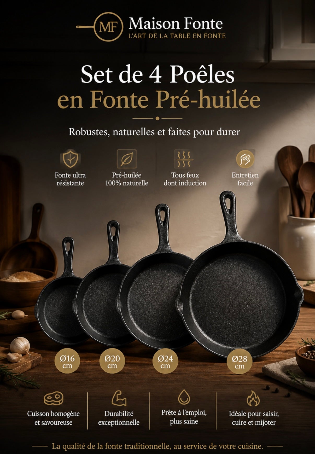 Set de 4 Poêles en Fonte Pré-huilée